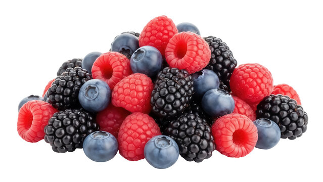Pile of fresh raspberries, blueberries, and blackberries isolated PNG, mixed berries on transparent background for healthy eating and summer designs - Powered by Adobe