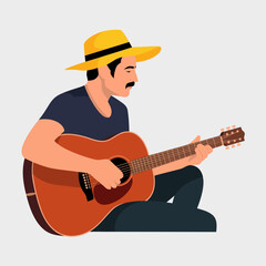 Obraz premium A musician passionately plays an acoustic guitar while sitting down, basking in the warm sunlight, representing creativity, artistry, and the joy of making music outdoors.