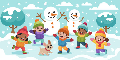 Naklejka premium A vibrant winter scene showcasing children playing joyfully in the snow, building snowmen and smiling, accompanied by a friendly dog in a snowy landscape filled with trees.