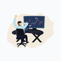 Flat vector illustration of a stock trader sitting at a desk, analyzing financial charts on a large monitor with buy and sell signals, representing trading, investment, and market analysis