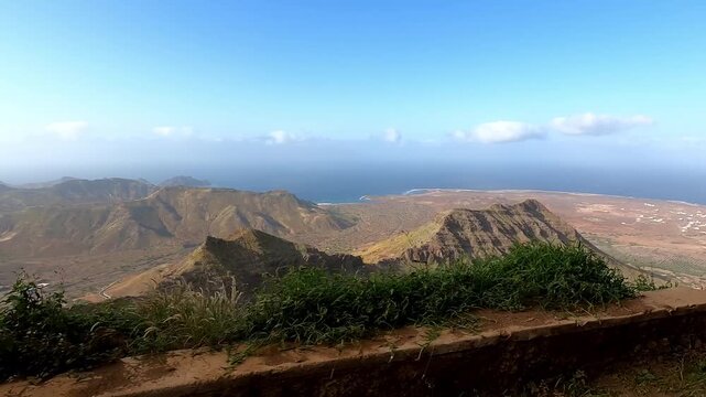 POV driving on summit of Monte Verde, S&atilde;o Vicente Island, Cape Verde overlooking coastline