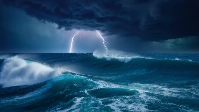 Dramatic ocean waves under stormy sky with lightning, capturing nature's raw power and beauty