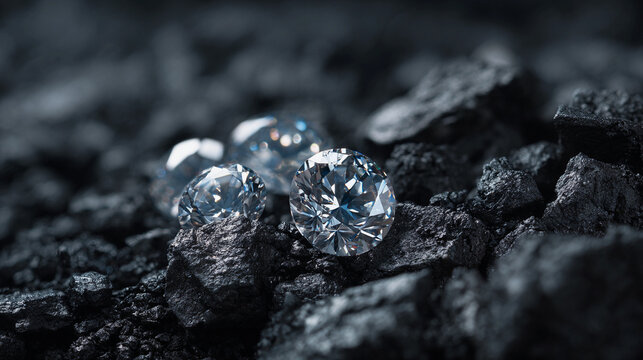Dazzling diamonds nestled among raw coal chunks, illustrating the journey from earth to gem