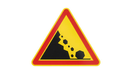 Yellow triangular road sign warning of falling rocks isolated PNG, danger ahead for traffic and drivers on mountain roads
