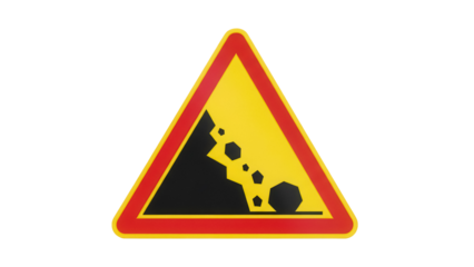 Yellow triangular road sign warning of falling rocks isolated PNG, danger ahead for traffic and drivers on mountain roads