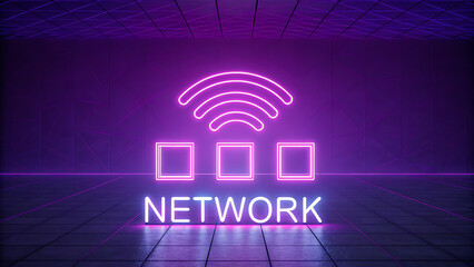 Neon network icon with wireless signal technology concept
