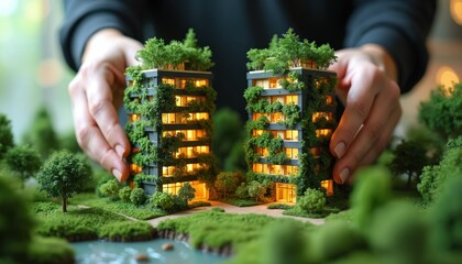 Hands arrange miniature twin buildings covered in green plants. Sustainable architecture model shows eco friendly design with vegetation. Future city concept focuses on green living, nature