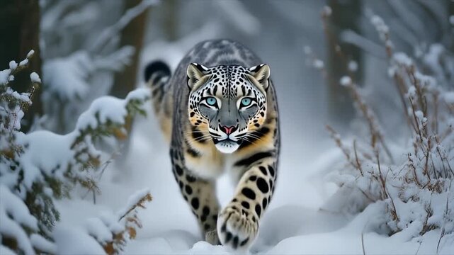 A magnificent snow leopard, with its distinctive spotted fur, walks gracefully through a pristine, snow-laden winter forest. Its powerful presence, essence of a formidable predator 