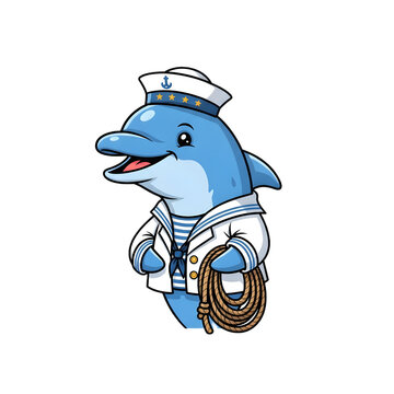 Happy Sailor Dolphin Character in Uniform Holding a Rope Nautical Mascot