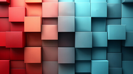 Abstract background of colorful, overlapping, 3D cubes. Gradient of red to blue tones.