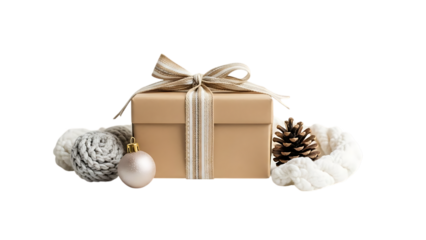 Brown gift box with festive decorations and knitted elements present christmas