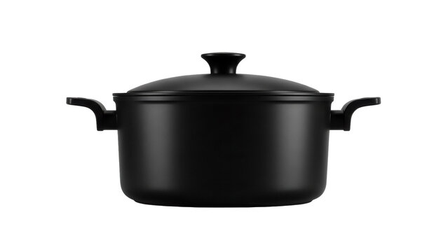 Black cooking pot with lid isolated PNG, kitchenware for cooking and serving food on transparent background