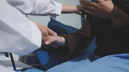 High angle view, Asian doctor gives advice and encouragement to young female patient in clinic office, Health and medicine consultant, Conversation about healthcare