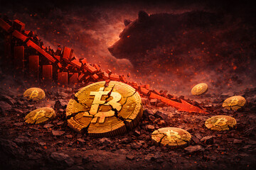 Bitcoin Cryptocurrency Market Crash Bearish Trend Financial Crisis Digital Asset Price Drop Volatile Economy Falling Graph Investment Loss Red Background