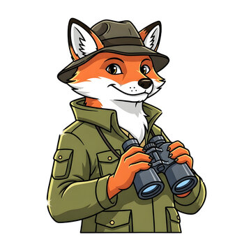 Observant Fox Explorer Character with Binoculars and Safari Hat Mascot