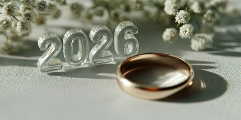 Golden ring beside frosted 2026 numerals with delicate gypsophila bouquet background.​