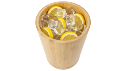 Wooden bucket with lemon slices and ice cubes PNG isolated on transparent background, refreshing summer drink ingredient