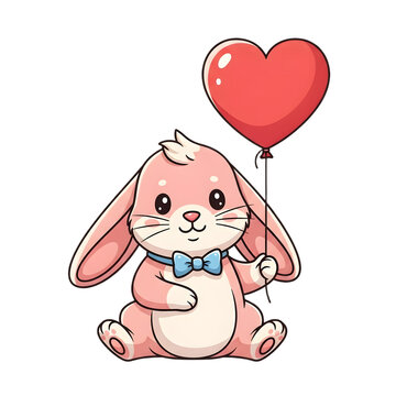 Pink Bunny Character with Bowtie Holding a Heart Balloon Illustration