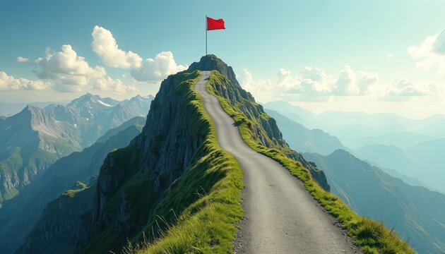 A paved road winds up a steep mountain peak. A red flag flies atop the summit against a bright blue sky. Green grass covers the mountainside leading to the top.