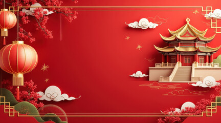 Naklejka premium Red background chinese temple paper art cloud lantern cherry blossom gold border festival oriental celebration mood Red festive background with chinese temple and hanging lantern paper art style