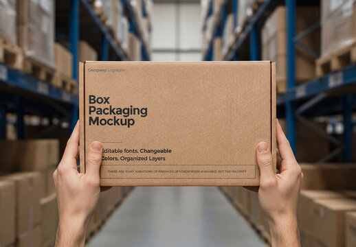 Cardboard Box Mockup Label Held In Warehouse Aisle
