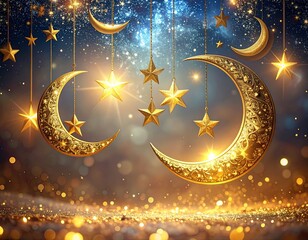 Golden moons and stars decorate a sparkling night background