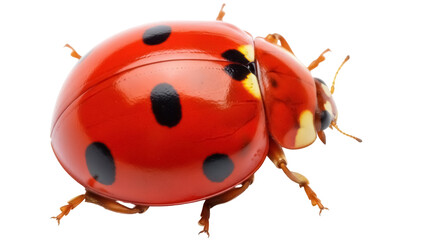 Red ladybug PNG isolated on transparent background, close-up of a seven-spot ladybug with black spots, beneficial insect for garden and nature designs