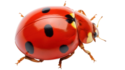 Red ladybug PNG isolated on transparent background, close-up of a seven-spot ladybug with black spots, beneficial insect for garden and nature designs
