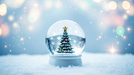 Christmas tree inside a snow globe on snowy surface