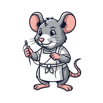 Adorable Cartoon Mouse Character Sewing with Needle and Thread