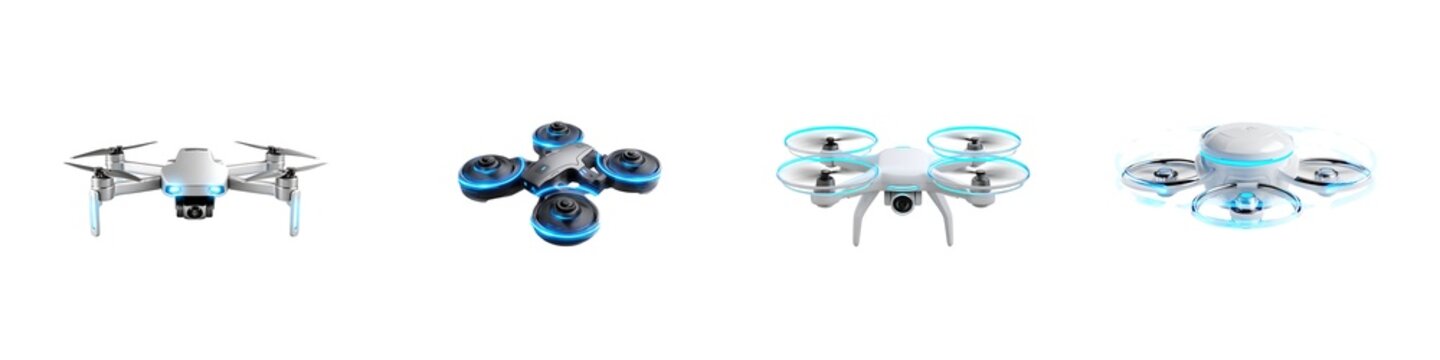 Set of quadcopter drones isolated on transparent background