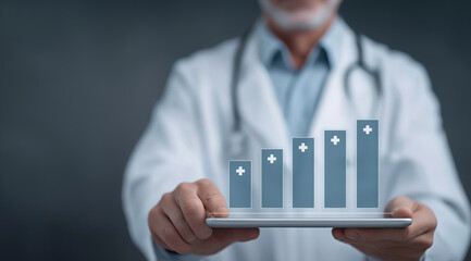 Physician presents rising bar chart with medical crosses above digital tablet surface.