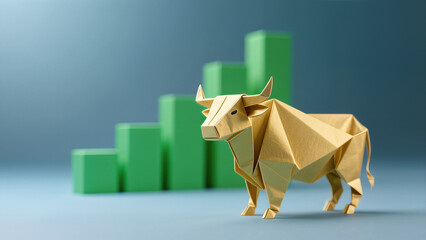Bullish market concept gold origami sculpture green bar chart progress financial stability investment return asset growth business development strategy monetary gain economic prosperity commercial suc