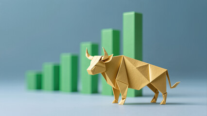 Golden paper bull figure rising financial graph success investment strategy wealth management market trend profit growth economic statistics corporate banking analysis professional trading achievement