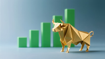Origami gold bull statue stock market growth green bar chart financial success investment profit business wealth strategy economic recovery trading upward trend corporate goal banking prosperity capit