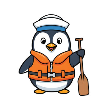 Cute Cartoon Penguin Character Wearing Life Jacket and Holding a Paddle