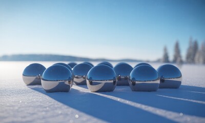 Shiny metal spheres on a snowy landscape