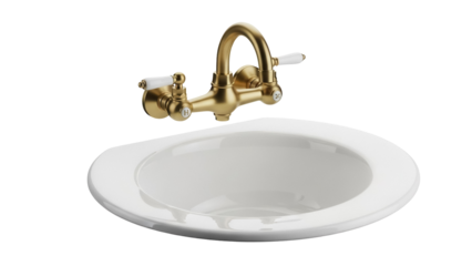 Elegant white bathroom sink with gold faucet isolated PNG, modern fixture for home renovation and interior design projects