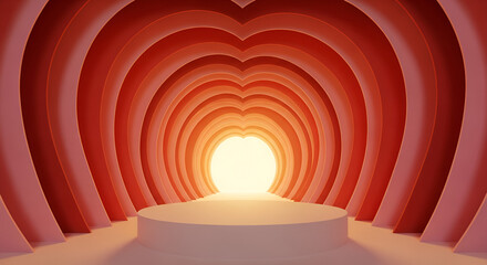 Obraz premium Warm Backlit Podium Stage with Layered Paper Cut Heart Tunnel