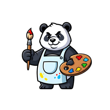 Cute Panda Character Artist Wearing Apron and Holding a Paint Palette