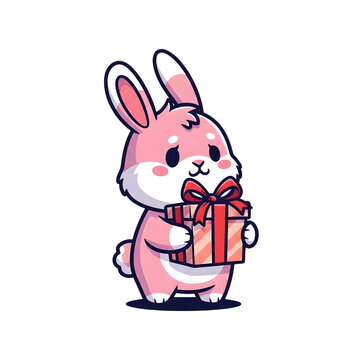 Adorable Pink Bunny Character Holding a Wrapped Gift Box