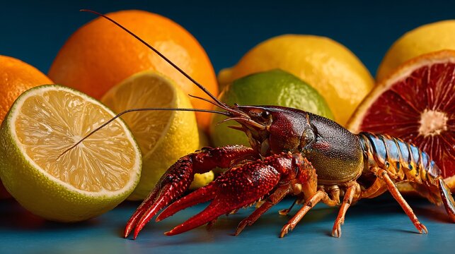 Crayfish and citrus still life, balanced color palette