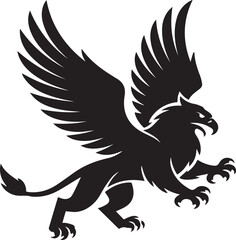 Fototapeta premium Black silhouette of a mythical griffin with wings spread wide mythical creature white background des