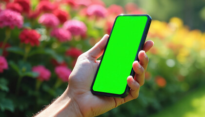 Person holds smartphone with green screen outdoors near colorful flowers. Hand grips mobile phone with blank chroma key screen. Device used for communication, apps or browsing.
