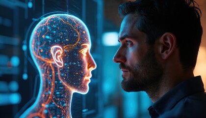 Man faces glowing digital hologram head. Futuristic concept of artificial intelligence and data merging with human understanding for business growth. Future tech.