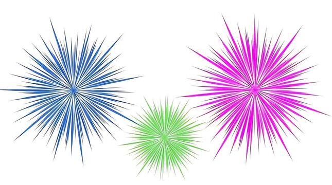 Three Vibrant Neon Starburst Fireworks Isolated on White Background