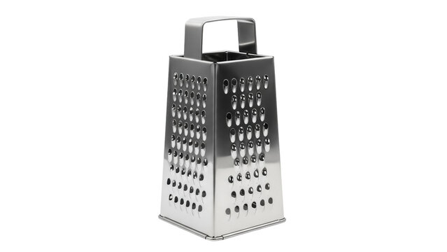 Metal box grater isolated PNG, kitchen utensil with handle for grating cheese and vegetables on transparent background, cooking tool