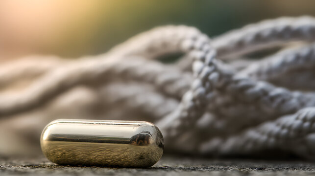 osmium. Polished metal aglet at the end of a white shoelace with metallic texture. lifestyle magazines, social media lookbooks, designed for lifestyle magazines and social media content.