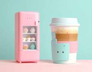 Pink toy fridge w/ cupcakes, coffee cup, pastel background