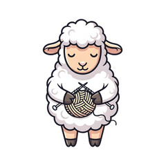 Obraz premium Peaceful Cartoon Sheep Character Knitting with a Large Ball of Wool